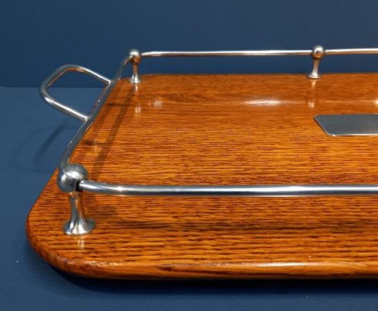 Late Victorian Polished Oak & Silver Plated Tray - Image 3