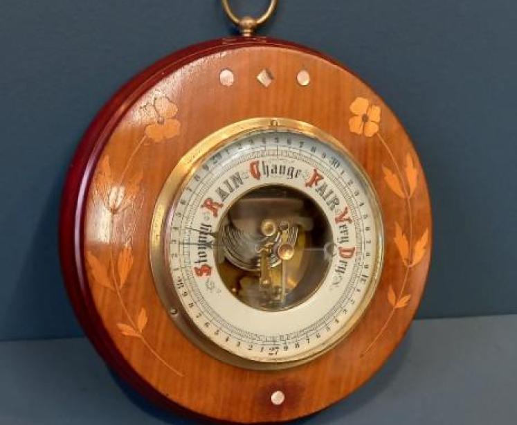 Edwardian Fruitwood Inlaid Aneroid Barometer - Image 7