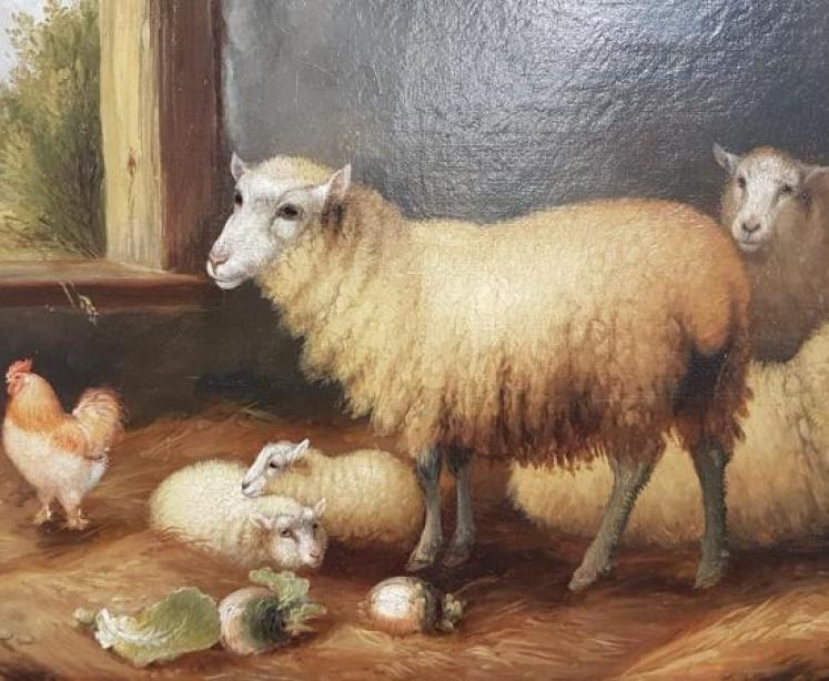  Superb Victorian Oil Of Sheep & Hens  - Image 3
