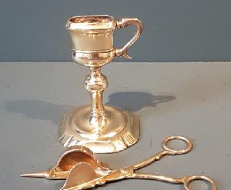 Rare George III Brass Candle Snuffers and Petal Base Stand  - Image 2