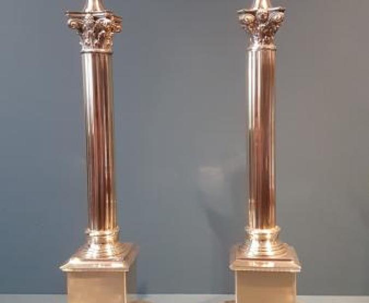 Matching Pair of Brass Corinthian Column Lamps - Image 1