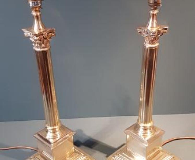 Matching Pair of Brass Corinthian Column Lamps - Image 3