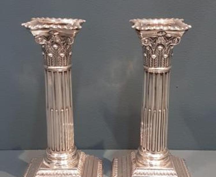 Pair of Victorian Silver Corinthian Column Candlesticks - Image 1