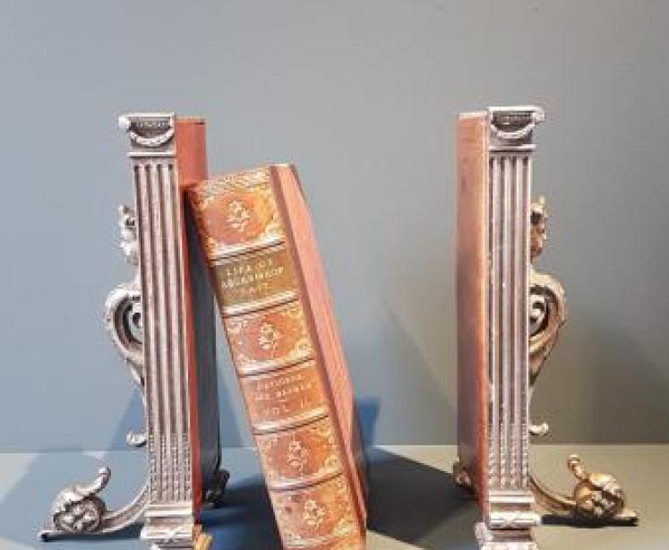 Matching Pair of Silver Plate and Leather Book Ends - Image 6