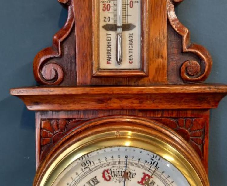 Small Victorian Oak Yorkshire Banjo Barometer - Image 4