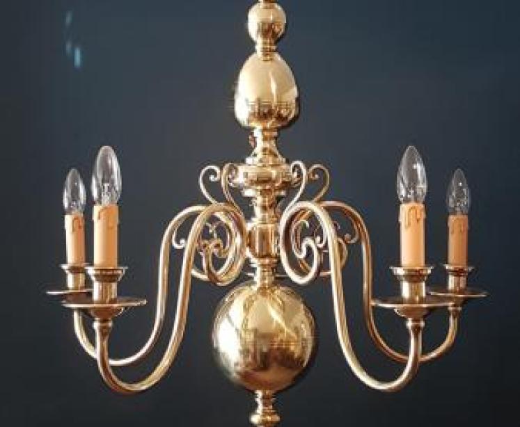 Edwardian 5 Arm Brass Chandelier - Image 1