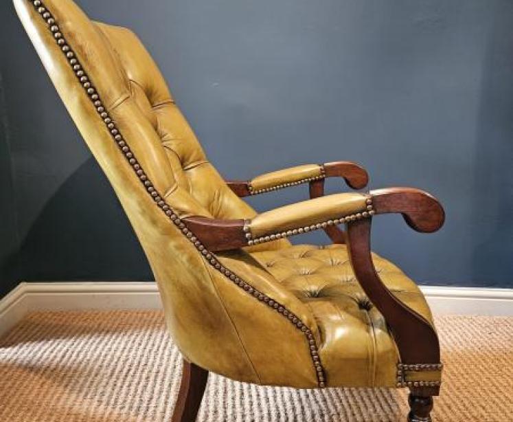 1920's Buttoned Olive Hide Open Arm Chair - Image 2