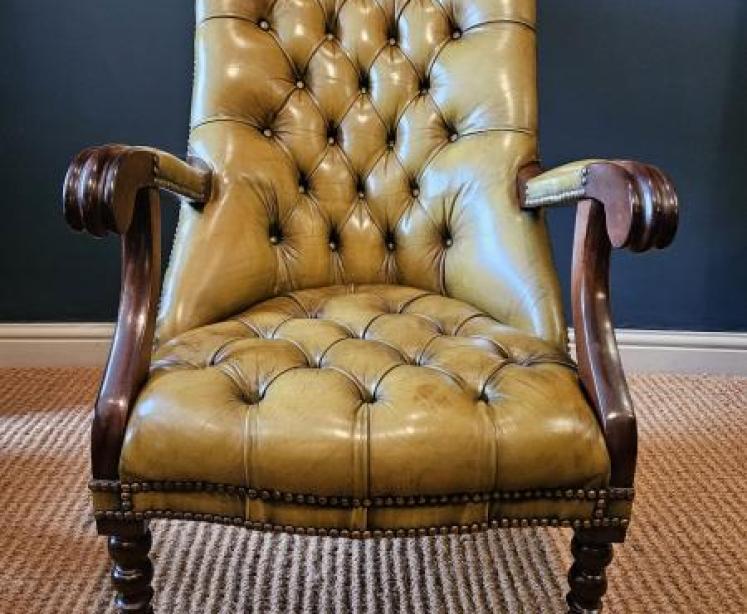 1920's Buttoned Olive Hide Open Arm Chair - Image 6