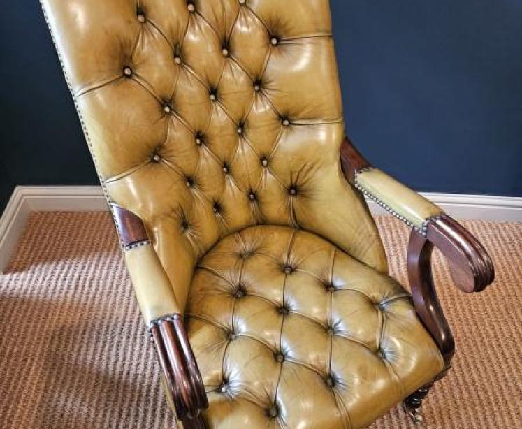 1920's Buttoned Olive Hide Open Arm Chair - Image 7