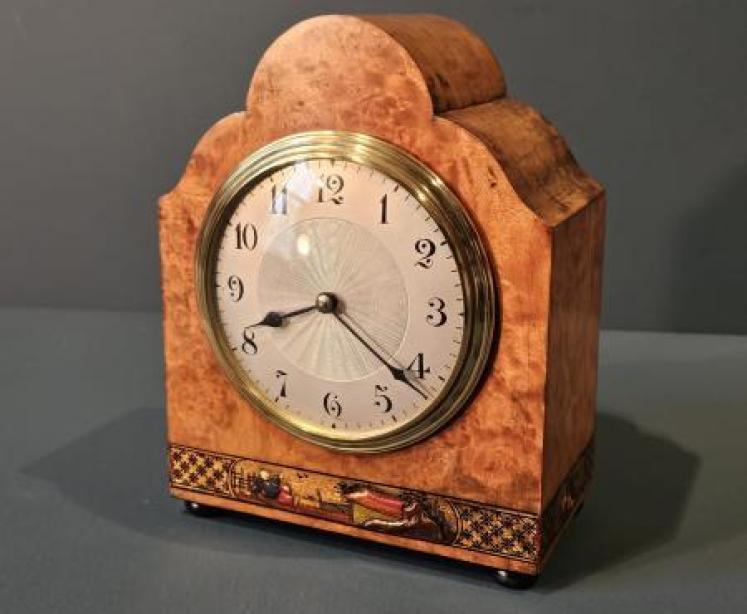 Edwardian Walnut and Chinoiserie Mantel Clock - Image 1