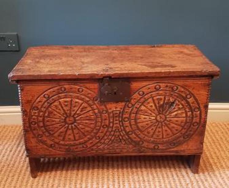  Elm Six Plank Coffer With Carved Front - Image 1