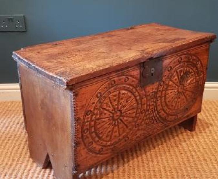  Elm Six Plank Coffer With Carved Front - Image 3