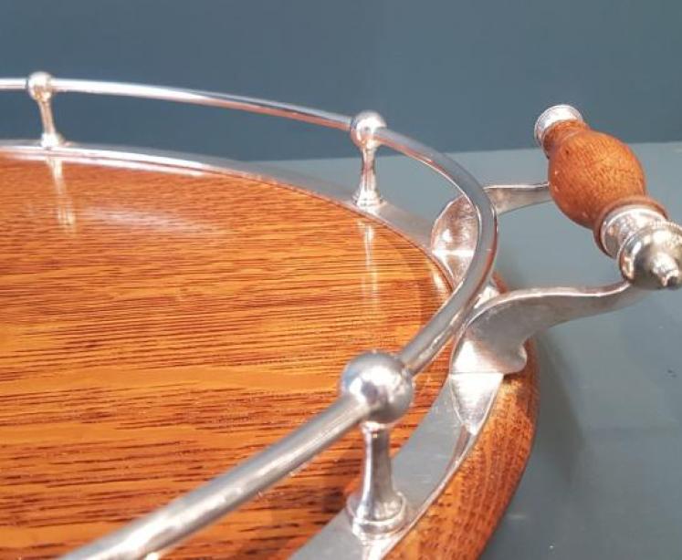 Immaculate Victorian Oak and Silver Plate Tray  - Image 2