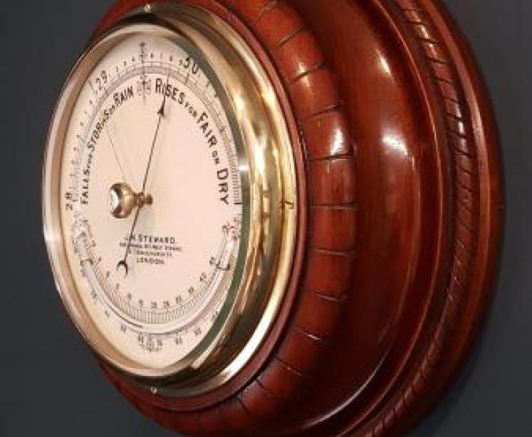 Victorian Walnut Barometer With Crescent Thermometer by Steward - Image 5