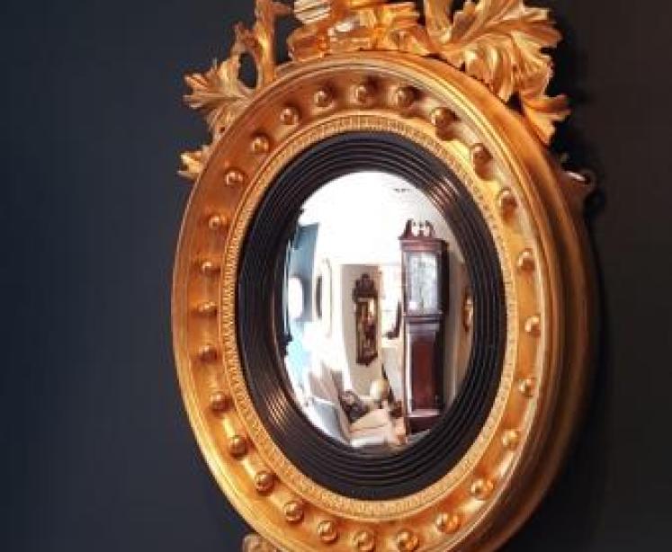 Regency Gilt Convex Mirror with Original Pediment - Image 6