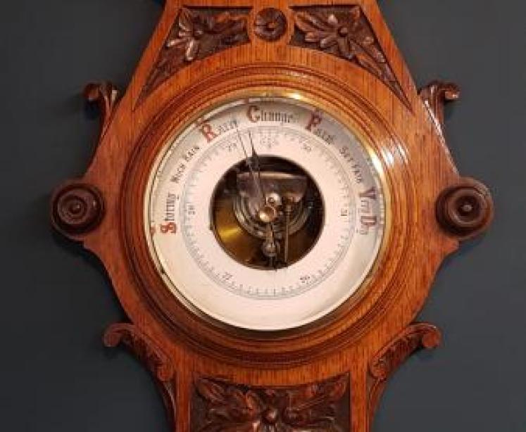 Victorian Golden Oak Carved Aneroid Barometer - Image 1