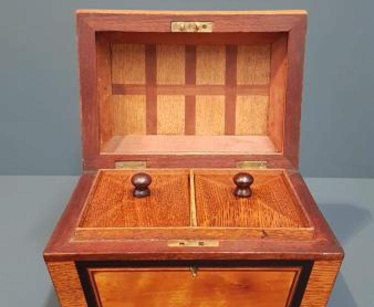 Regency Oak, Satinwood and Mahogany Tea Caddy - Image 6