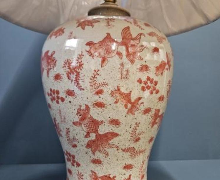 Oriental Porcelain Hand Decorated Lamp and Shade - Image 2