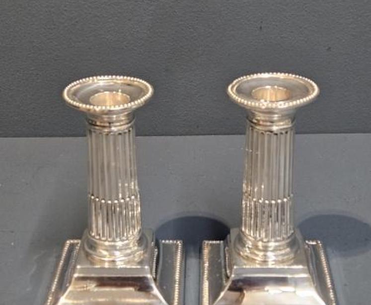 Pair of  Victorian Silver Reeded Column Candlesticks - Image 1