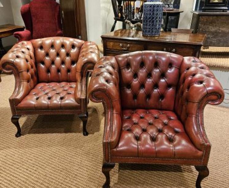 Matching Pair of 1920's Red Leather Chesterfield Arm Chairs - Image 2