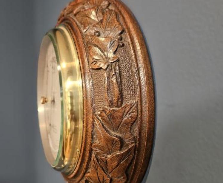 Carved Oak Ships Barometer with Crescent Thermometer - Image 4