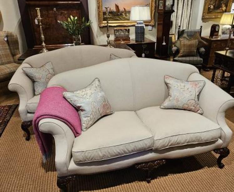 Matching Pair of Victorian Linen Covered Sofas - Image 1