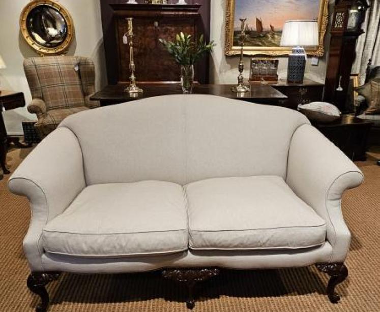 Matching Pair of Victorian Linen Covered Sofas - Image 2