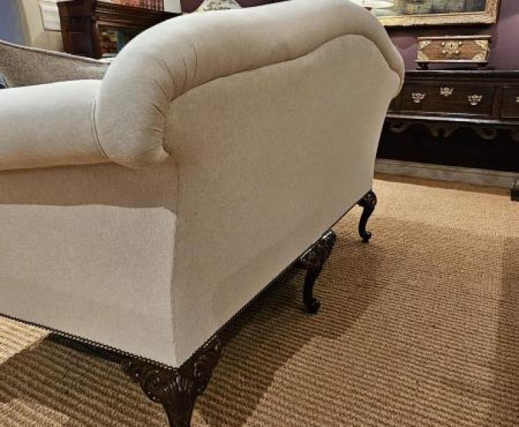 Matching Pair of Victorian Linen Covered Sofas - Image 5