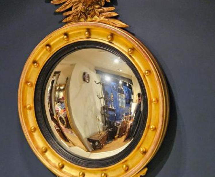Large Regency Timber Gilt Convex Mirror at Sturmans Antiques Mirror for sale - Image 2