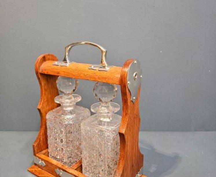 Victorian Oak & Silver Plated Two Bottle Tantalus - Image 7