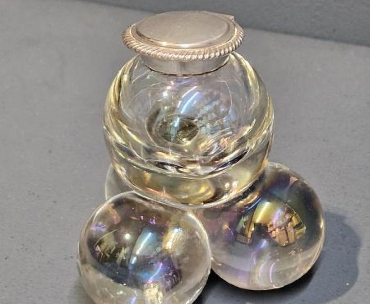 Unusual Victorian Opalescent Crystal and Silver Ink Well - Image 1