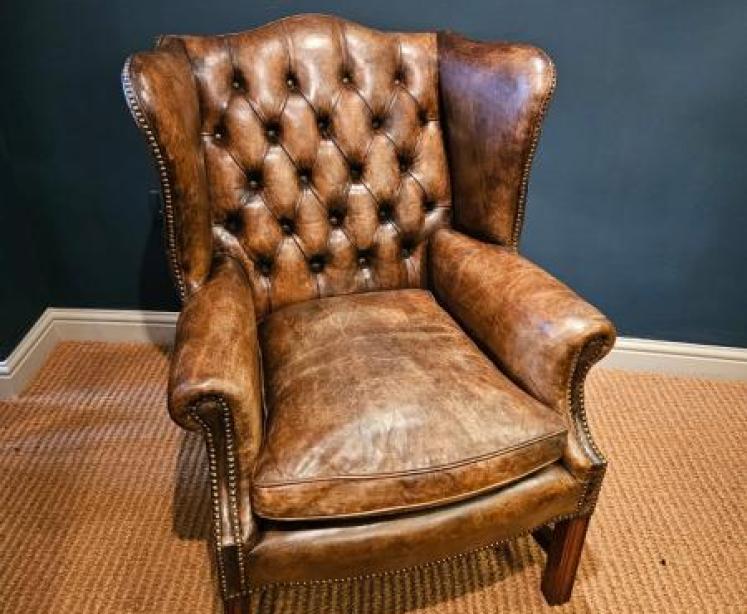 Superb 1920's Brown Hide Wing Back Arm Chair - Image 1