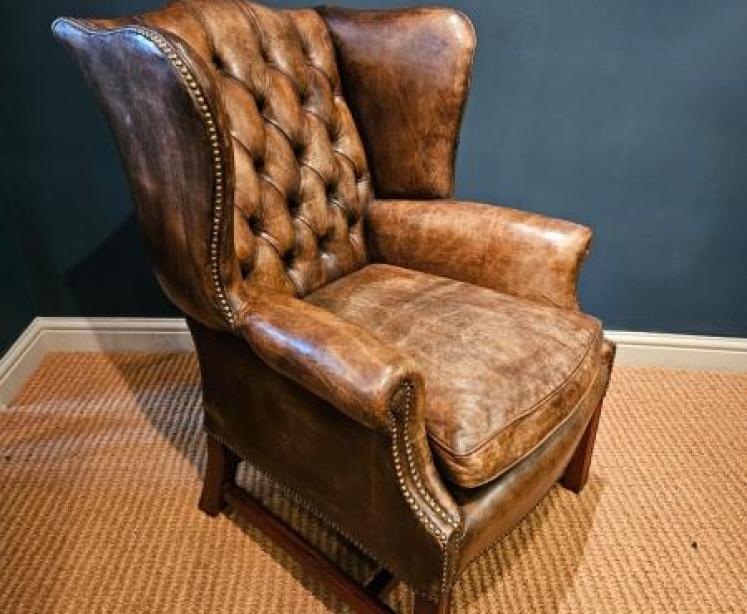 Superb 1920's Brown Hide Wing Back Arm Chair - Image 2
