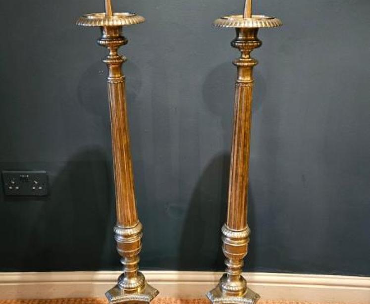 Early Victorian Pair of Floor Standing Brass Pricket Candlesticks - Image 1