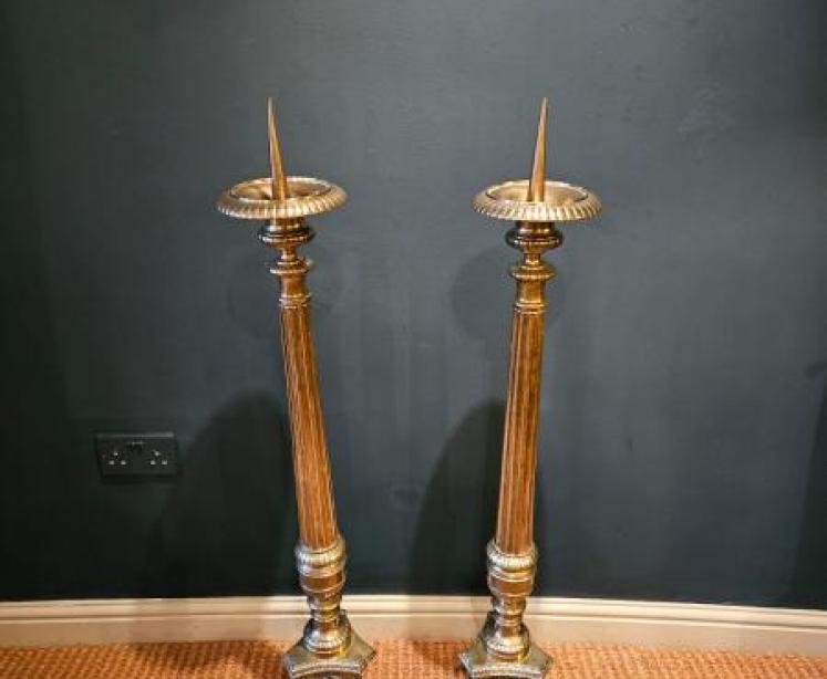 Early Victorian Pair of Floor Standing Brass Pricket Candlesticks - Image 2