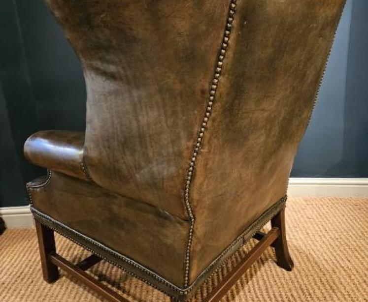 Superb Edwardian Olive Green Leather Wing Back Armchair - Image 6