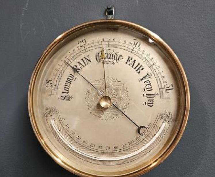 Large Victorian Brass Cased Marine Barometer and Crescent Thermometer - Image 1