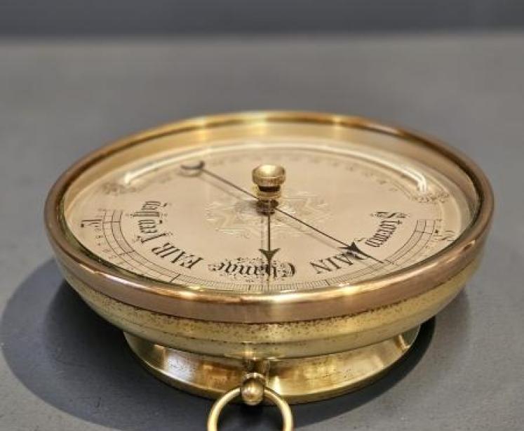 Large Victorian Brass Cased Marine Barometer and Crescent Thermometer - Image 4