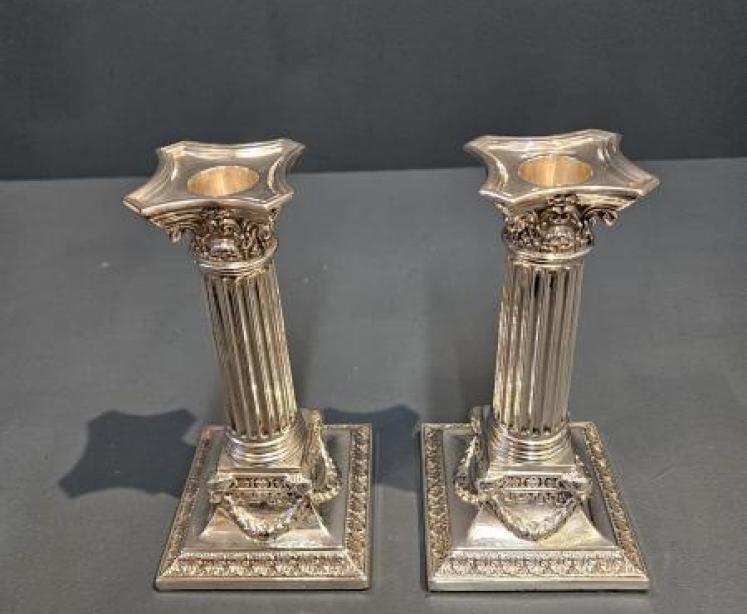Pair of Edwardian Silver Reeded Column Candlesticks - Image 7