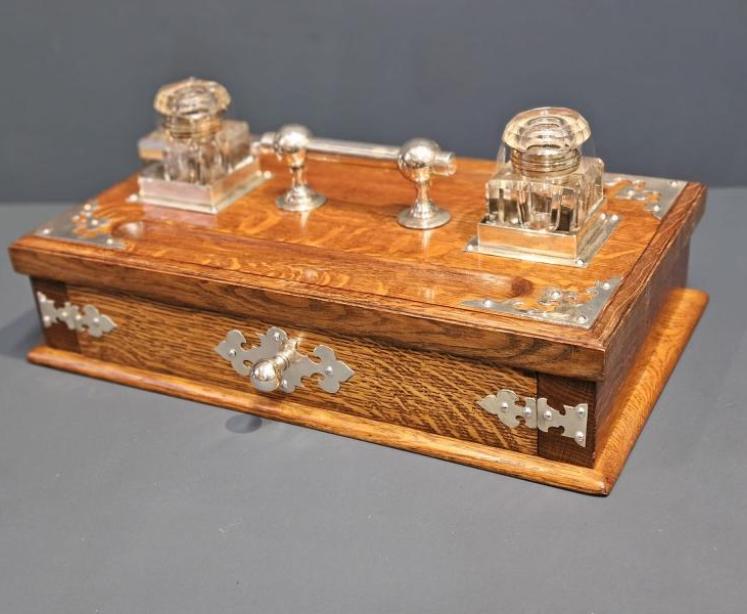 Victorian Oak and Silver Plated Pen & Ink Stand - Image 1