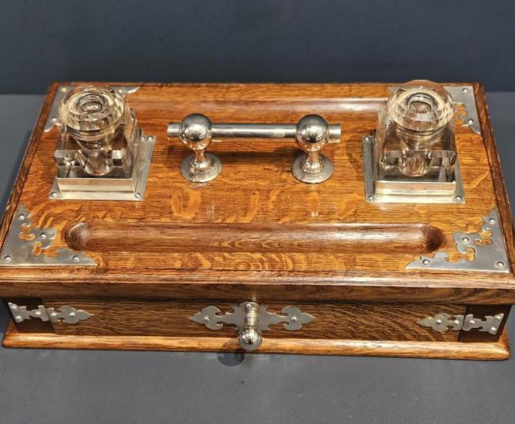 Victorian Oak and Silver Plated Pen & Ink Stand - Image 6
