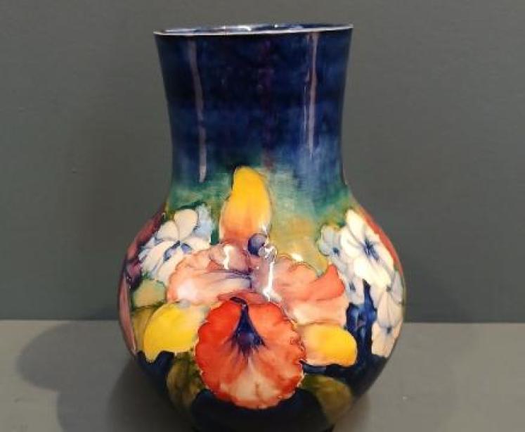 Moorcroft Slipper Orchid on Blue Ground Vase - Image 1