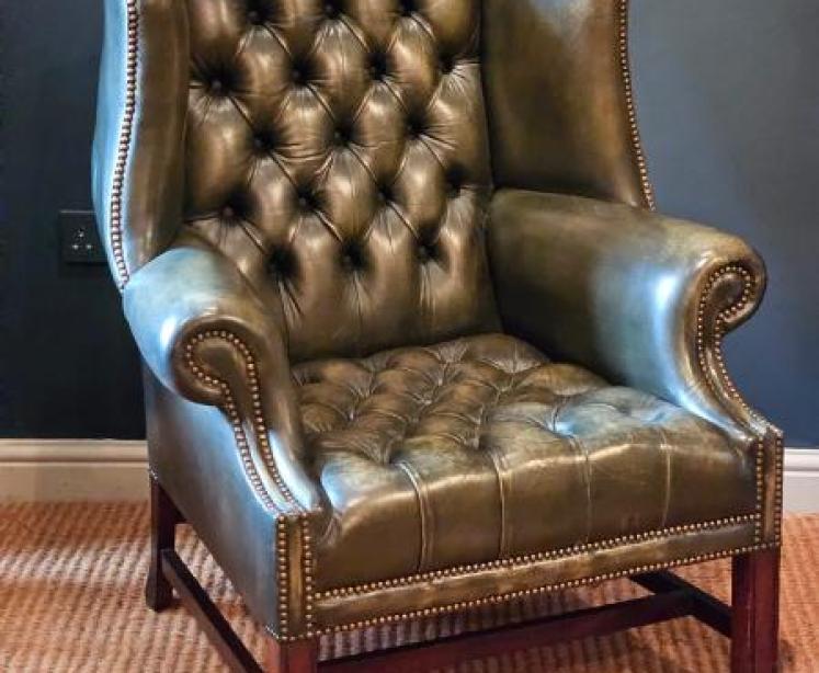 Green Leather Chesterfield Wing Back Arm Chair - Image 1