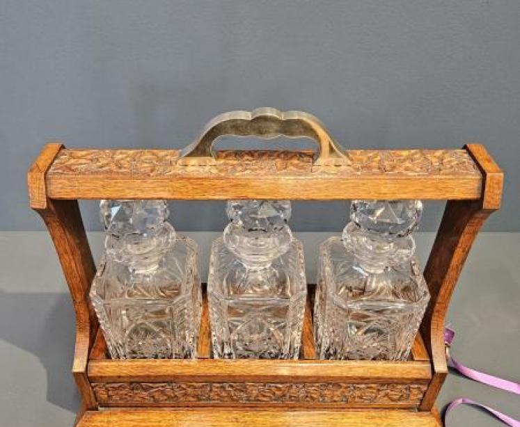 Victorian Carved Oak Three Bottle Tantalus  - Image 7