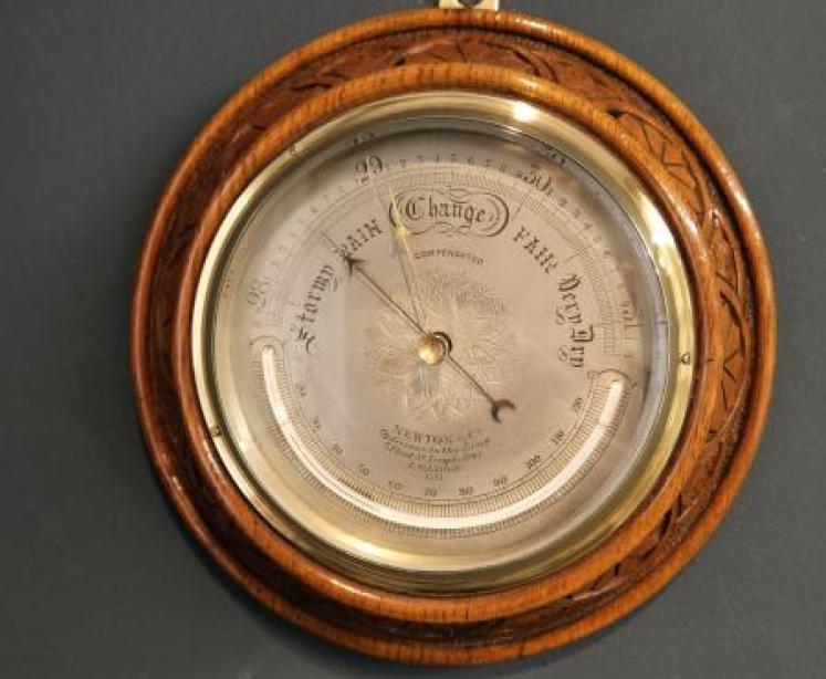 Victorian Silvered Dial Barometer with Crescent Thermometer - Image 1