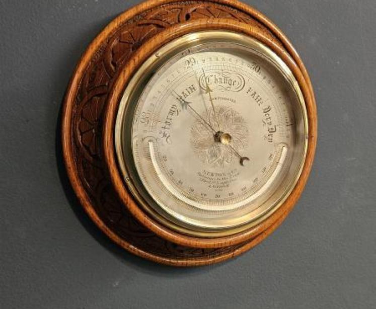 Victorian Silvered Dial Barometer with Crescent Thermometer - Image 2