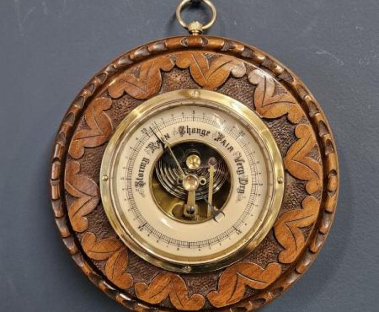 Small Carved Walnut Aneroid Barometer - Image 1