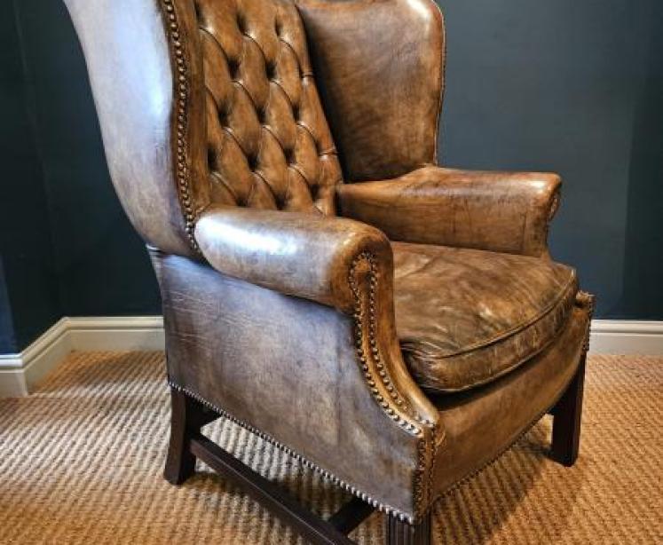 1920's Button Back Leather Wing Arm Chair - Image 4