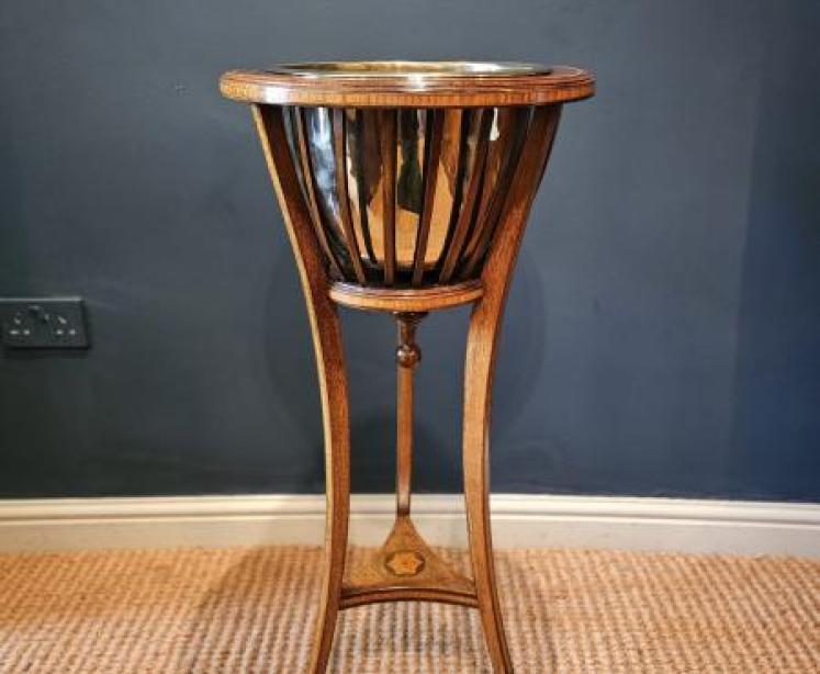 Edwardian Inlaid Mahogany Plant Stand & Brass Liner - Image 1