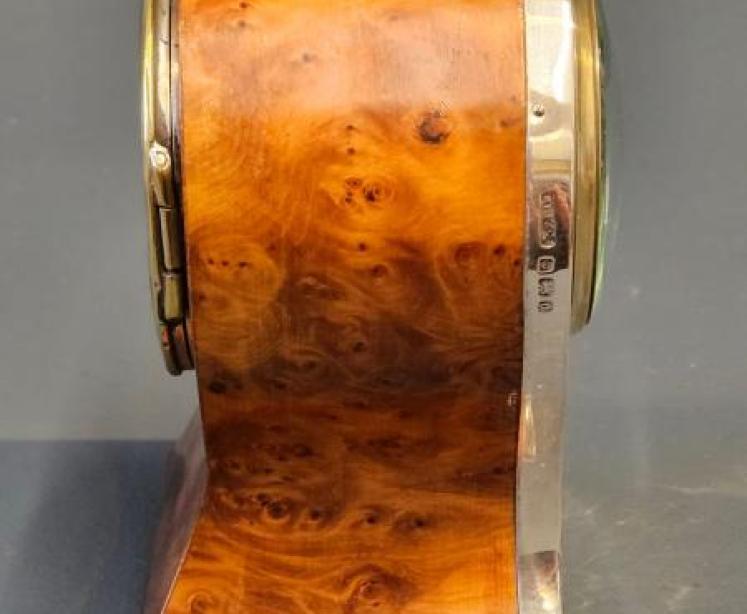 Edwardian Silver and Burr Yew Mantel Clock - Image 4